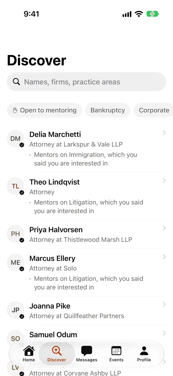 Embra Law Discover screen, with a search field and filters for open to mentoring and practice area above a list of demo attorneys.