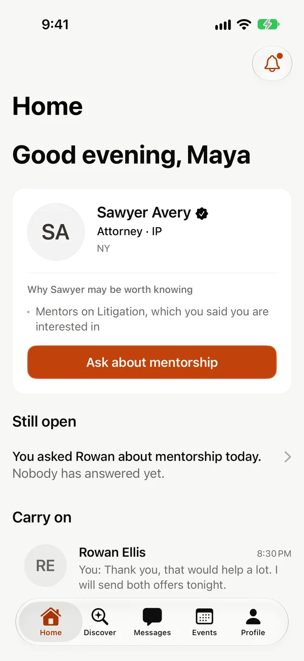 Embra Law Home screen for a demo student, showing a suggested attorney with the reason for the suggestion, a request still waiting for an answer, and an open conversation.