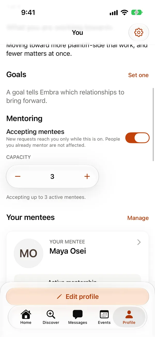 A demo attorney's own Embra Law profile, showing mentee capacity and whether they are accepting new requests.