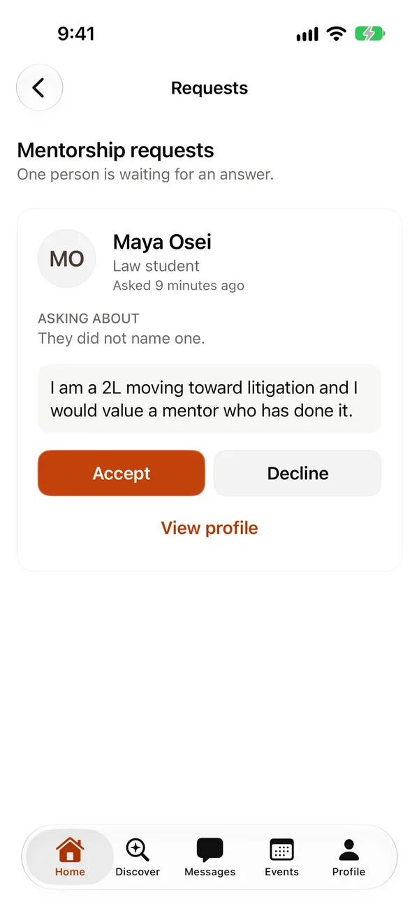 A demo attorney's request inbox in Embra Law, with a student request to accept or decline.