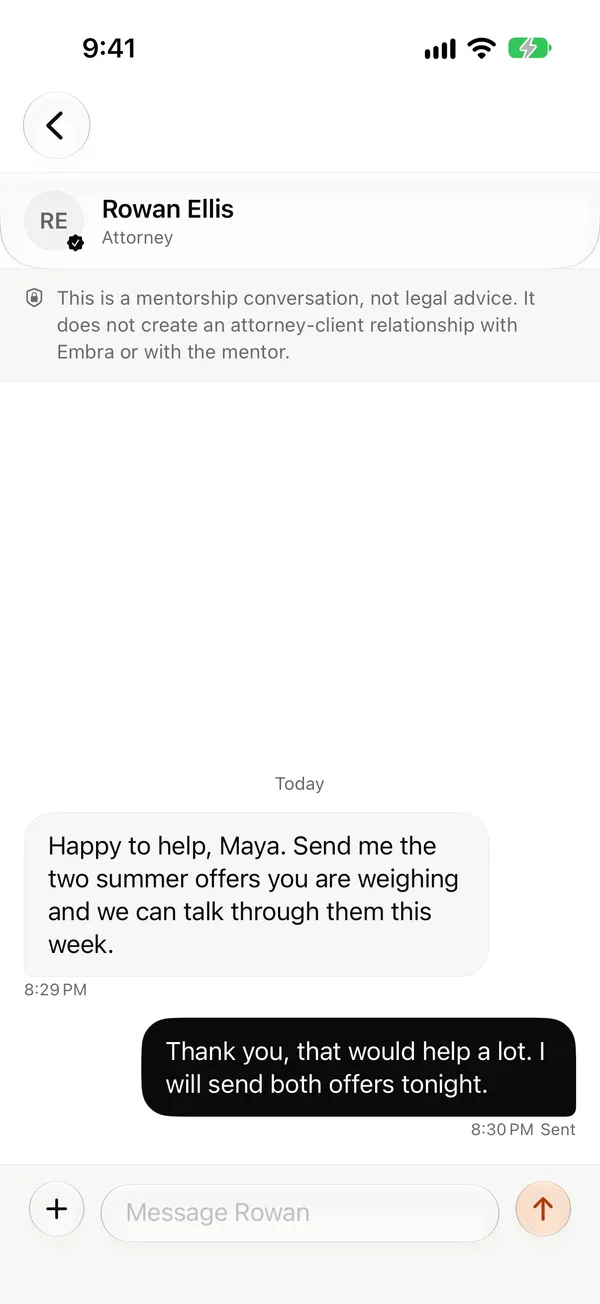 An Embra Law conversation between a demo student and a demo attorney, with the note that mentorship is not legal advice.