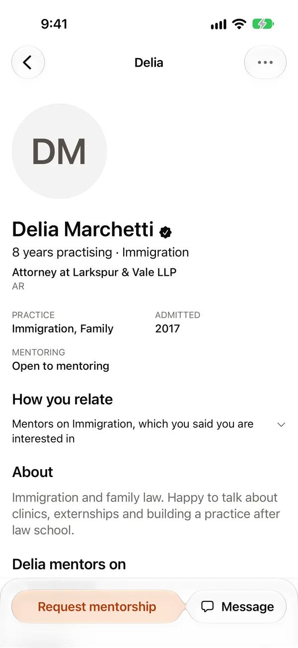 A demo attorney's Embra Law profile, with their practice areas, year admitted, mentoring status, how they relate to the student, and an about section.