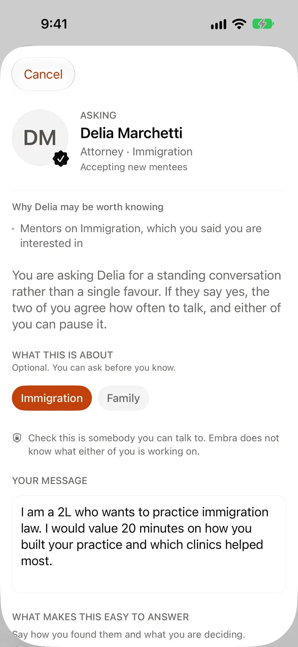 The Embra Law request screen, where a demo student has chosen a topic and written a short note to an attorney about what they hope to learn.
